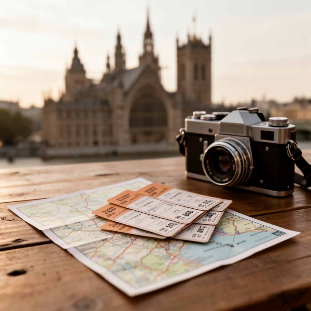 Maps, attraction tickets and a camera on a wooden table with a landmark behind