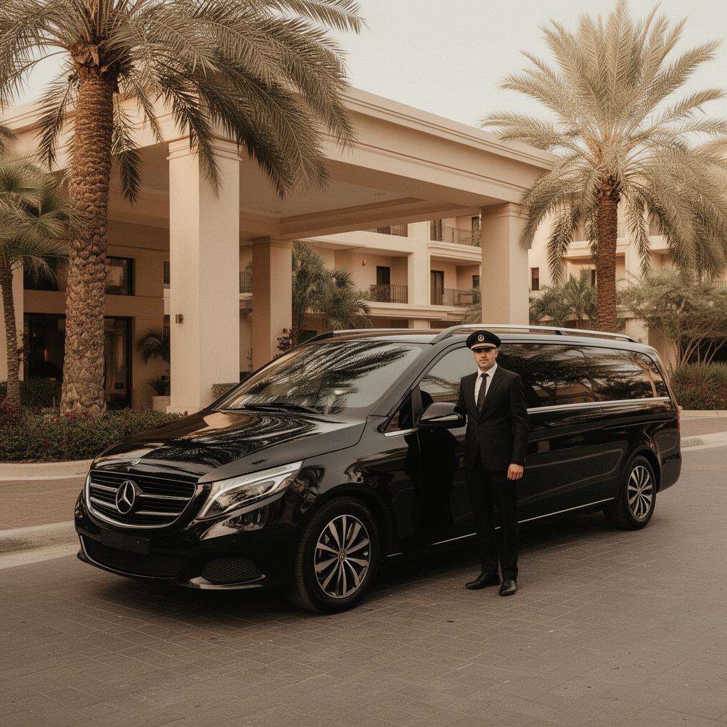 Private chauffeur transfer waiting outside a sunlit resort