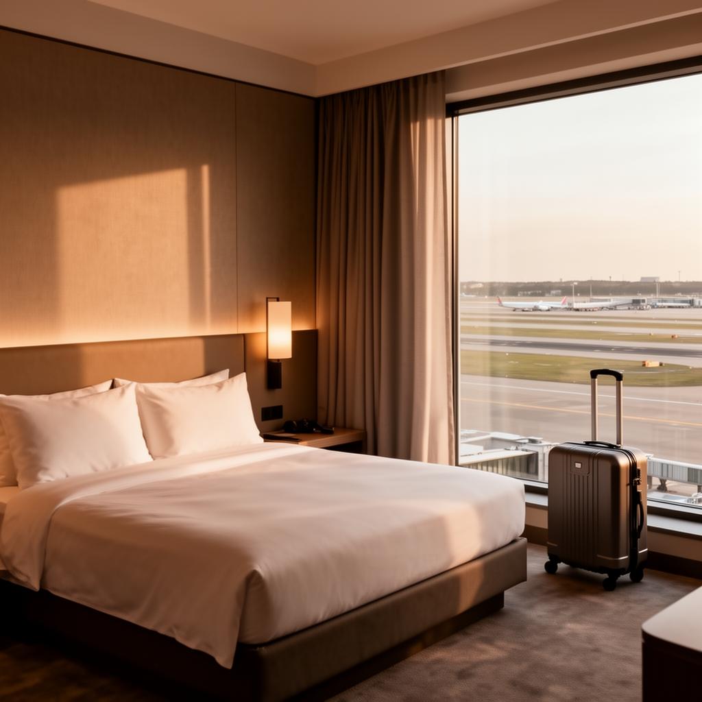 Modern airport hotel room with runway view