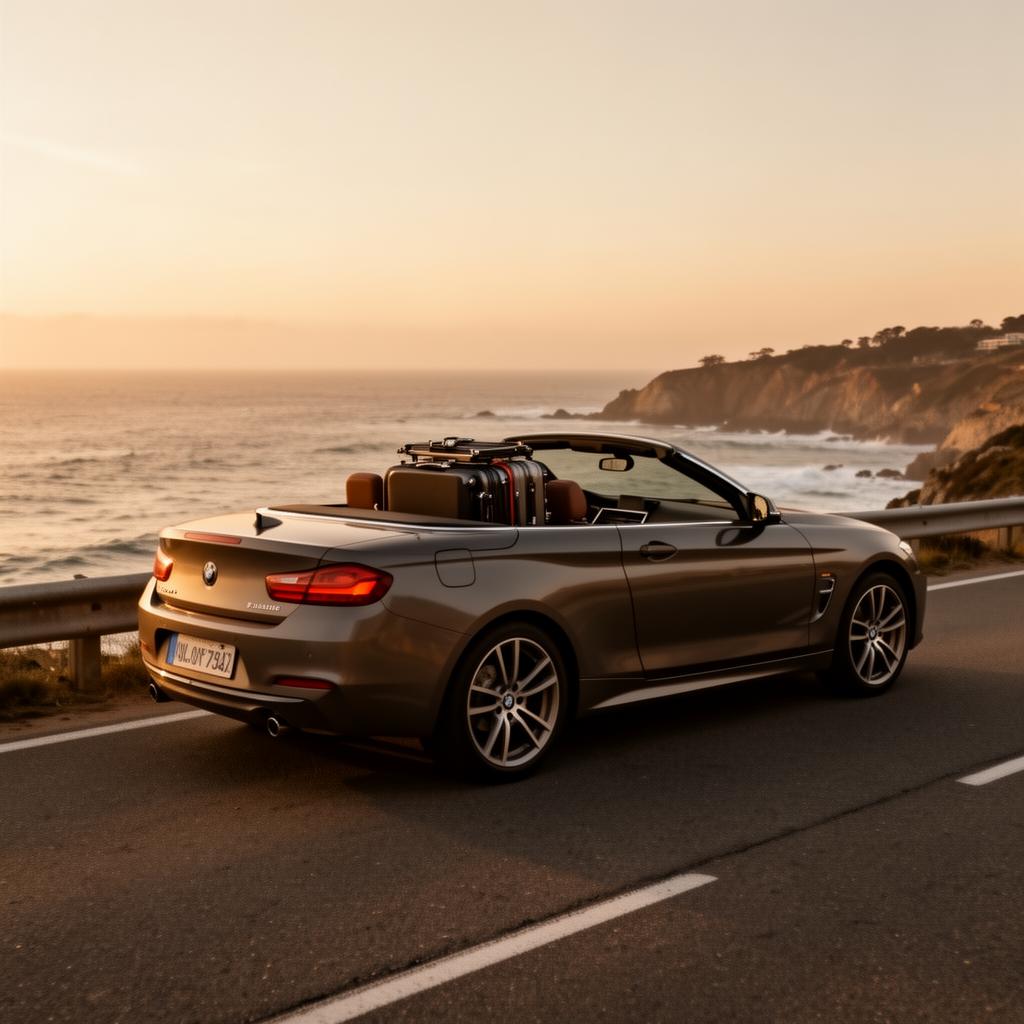 Hire car parked on a scenic coastal road at golden hour