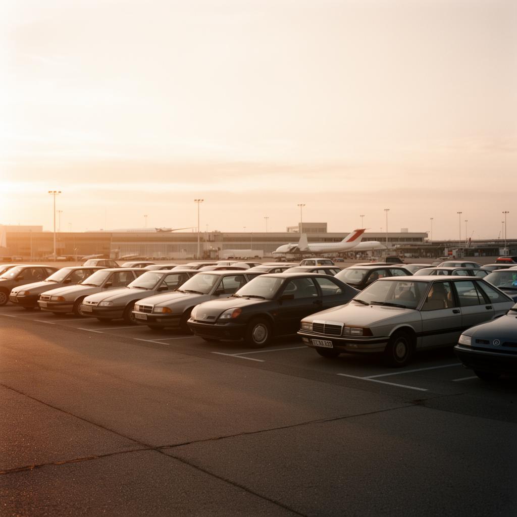 Cars parked at an airport car park at golden hour
