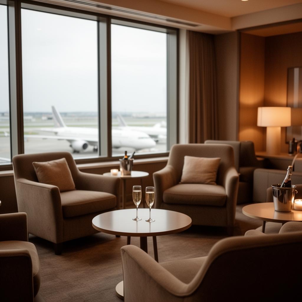 Elegant airport lounge with armchairs and a runway view