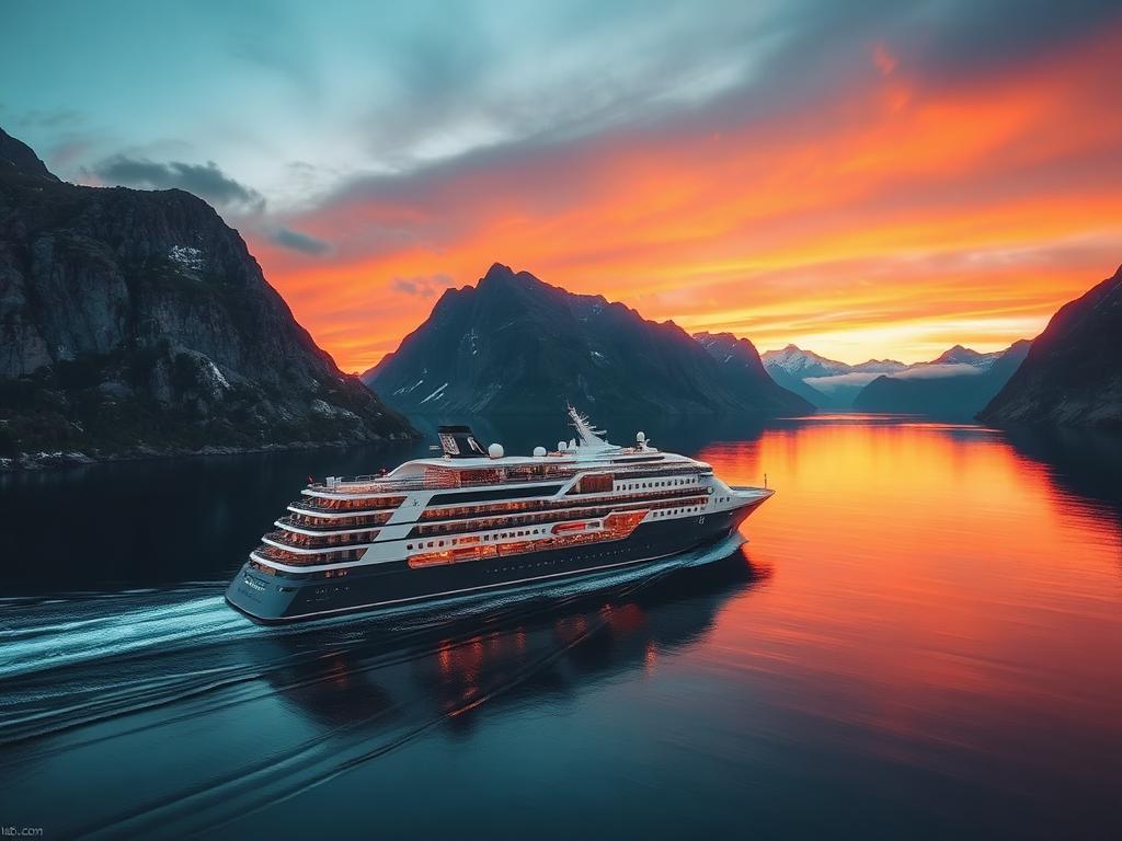 Luxury cruise ship sailing at sunset on calm ocean waters